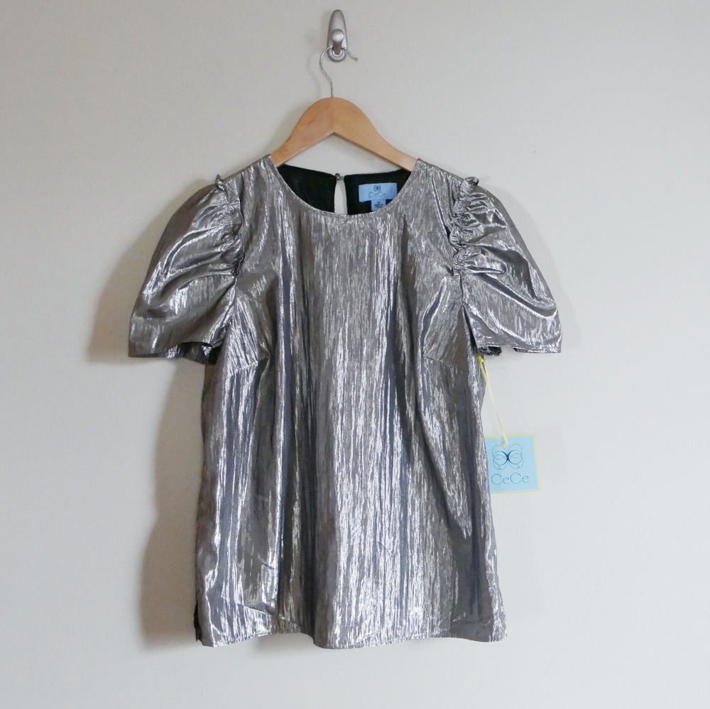 CeCe Lamé Puff Sleeve Top Silver Size XS